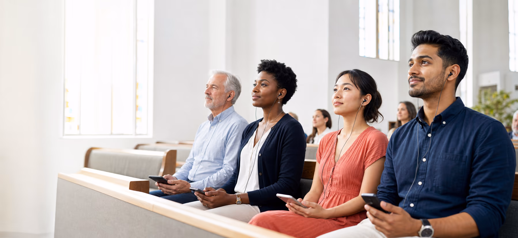 People from different backgrounds follow a church service with headphones.